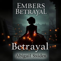 A dark historical fiction book cover titled 'Embers of Betrayal' featuring the silhouette of a girl sitting down gracefully, wearing a classic 1950s dress that flares delicately around her