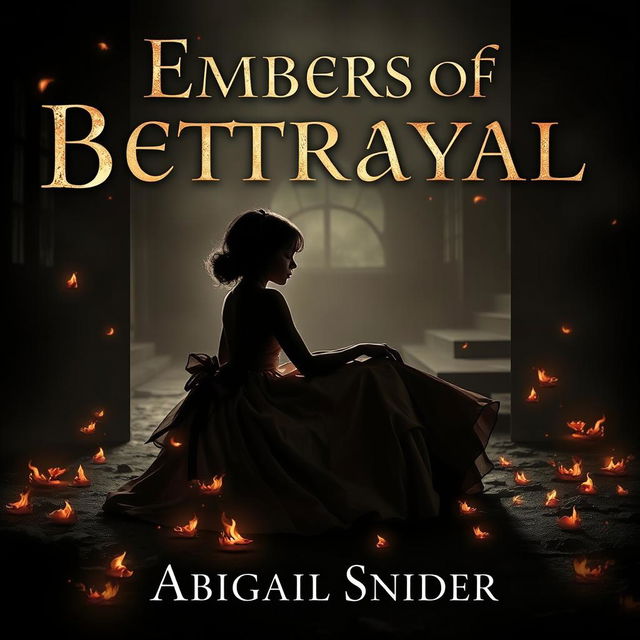 A dark historical fiction book cover titled 'Embers of Betrayal' featuring the silhouette of a girl sitting down gracefully, wearing a classic 1950s dress that flares delicately around her