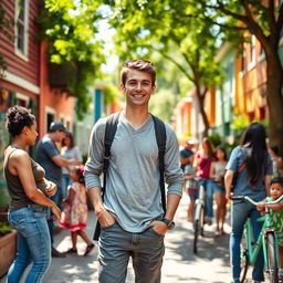 A young man in a vibrant community setting, dressed in casual yet stylish attire, interacting with neighbors in a friendly manner
