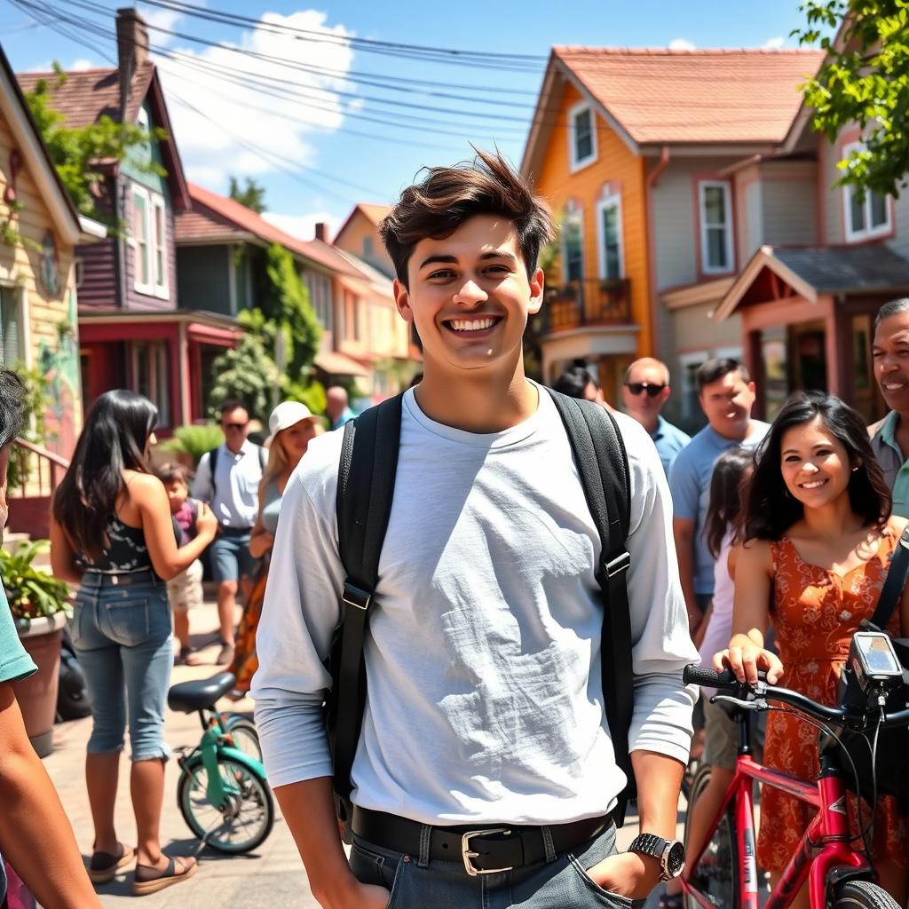 A young man in a vibrant community setting, dressed in casual yet stylish attire, interacting with neighbors in a friendly manner