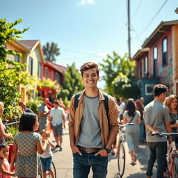 A young man in a vibrant community setting, dressed in casual yet stylish attire, interacting with neighbors in a friendly manner