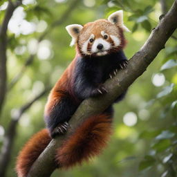 A gargantuan, enchanting red panda with its vibrant and glossy coat, in a serene forest setting with dappled sunlight filtering through the overhead leaves.