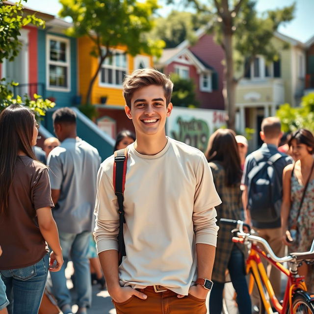 A young man in a vibrant community setting, dressed in casual yet stylish attire, interacting with neighbors in a friendly manner