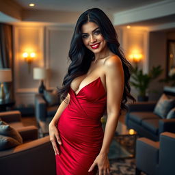 A stunning hotwife in an elegant, sexy outfit, standing confidently in a luxurious living room, exuding charm and allure