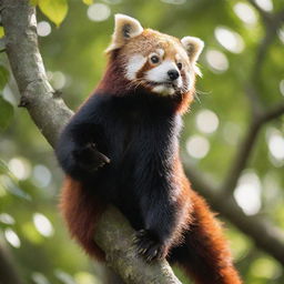 A gargantuan, enchanting red panda with its vibrant and glossy coat, in a serene forest setting with dappled sunlight filtering through the overhead leaves.