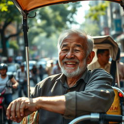 A poignant depiction of an elderly pedicab driver with a warm, inviting smile that radiates kindness and wisdom