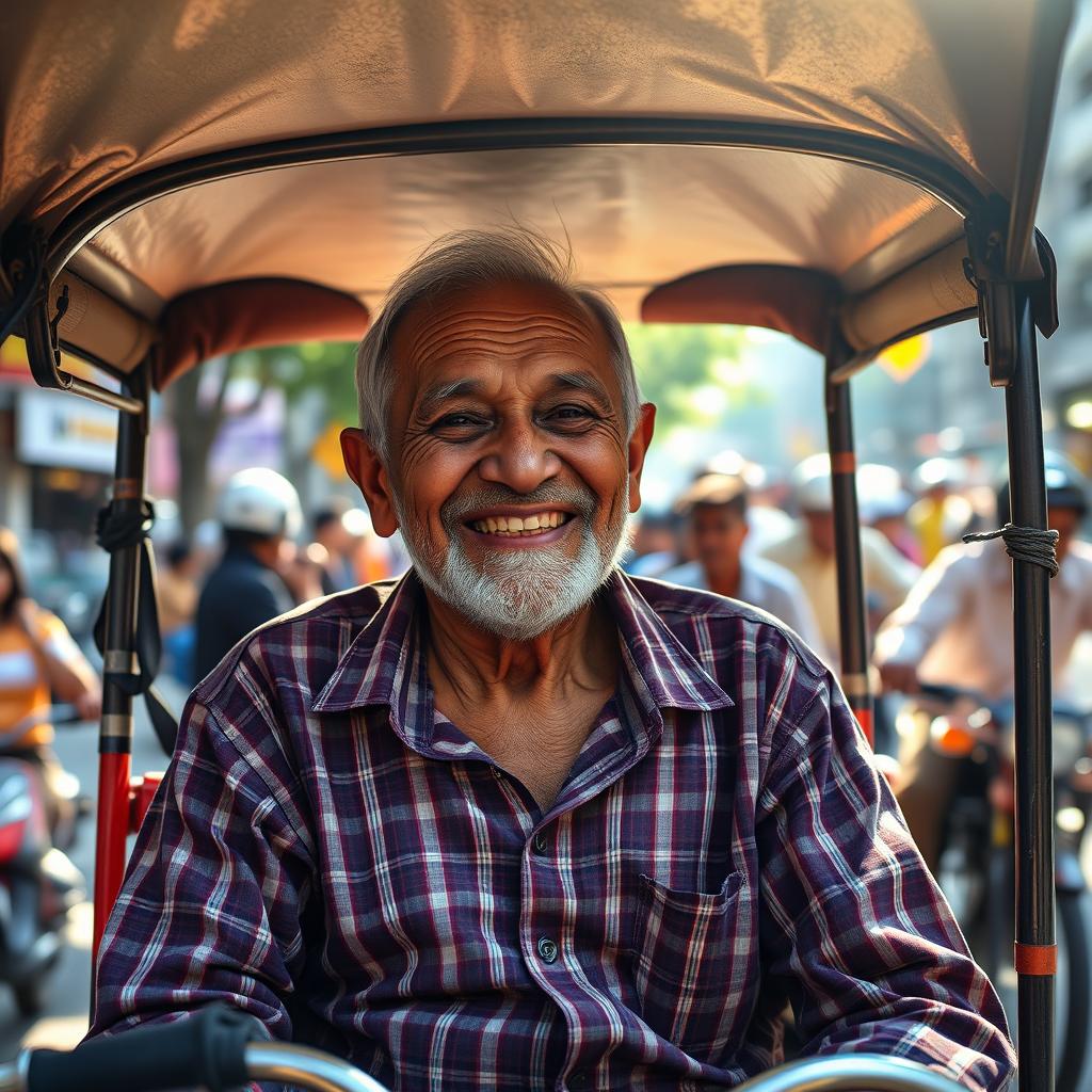 A poignant depiction of an elderly pedicab driver with a warm, inviting smile that radiates kindness and wisdom