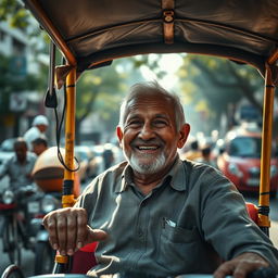 A poignant depiction of an elderly pedicab driver with a warm, inviting smile that radiates kindness and wisdom