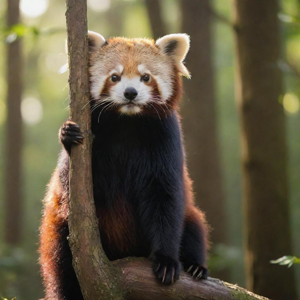 A titanic, magnificent red panda, with its radiant fur, dwarfing the towering trees in a tranquil forest drenched in the soft afternoon sunlight.