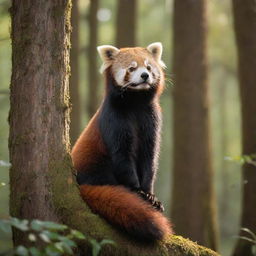 A titanic, magnificent red panda, with its radiant fur, dwarfing the towering trees in a tranquil forest drenched in the soft afternoon sunlight.