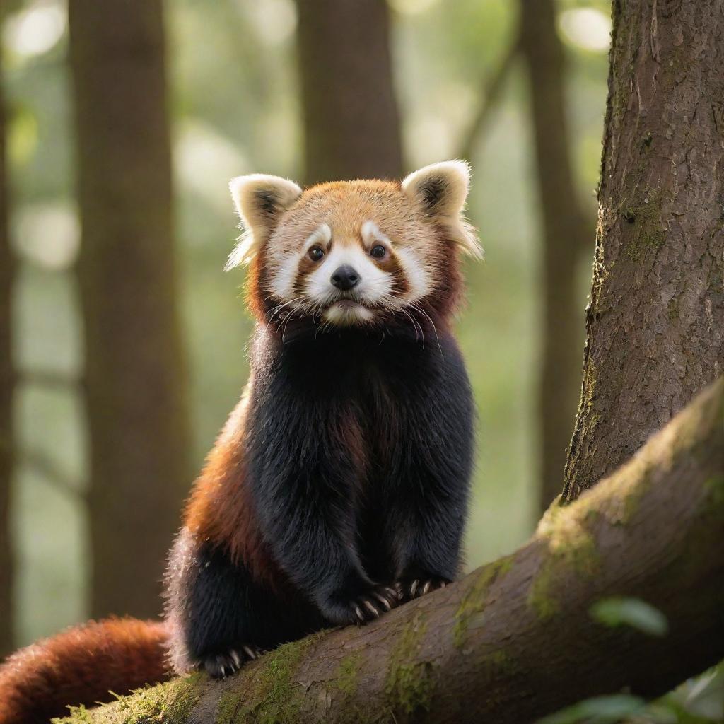 A titanic, magnificent red panda, with its radiant fur, dwarfing the towering trees in a tranquil forest drenched in the soft afternoon sunlight.