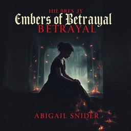 A dark historical fiction book cover titled 'Embers of Betrayal' featuring the silhouetted figure of a girl sitting down gracefully, her 1950s dress flowing around her