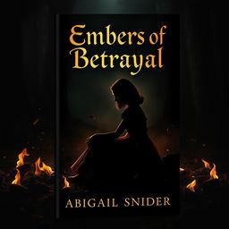 A dark historical fiction book cover titled 'Embers of Betrayal' featuring the silhouetted figure of a girl sitting down gracefully, her 1950s dress flowing around her