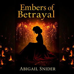 A dark historical fiction book cover titled 'Embers of Betrayal' featuring the silhouetted figure of a girl sitting down gracefully, her 1950s dress flowing around her