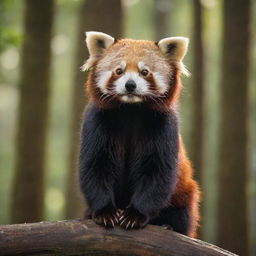 A titanic, magnificent red panda, with its radiant fur, dwarfing the towering trees in a tranquil forest drenched in the soft afternoon sunlight.