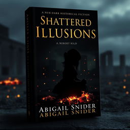 A dark historical fiction book cover titled 'Shattered Illusions' featuring the silhouette of a girl sitting down gracefully, surrounded by a mesmerizing display of glowing embers falling gently around her