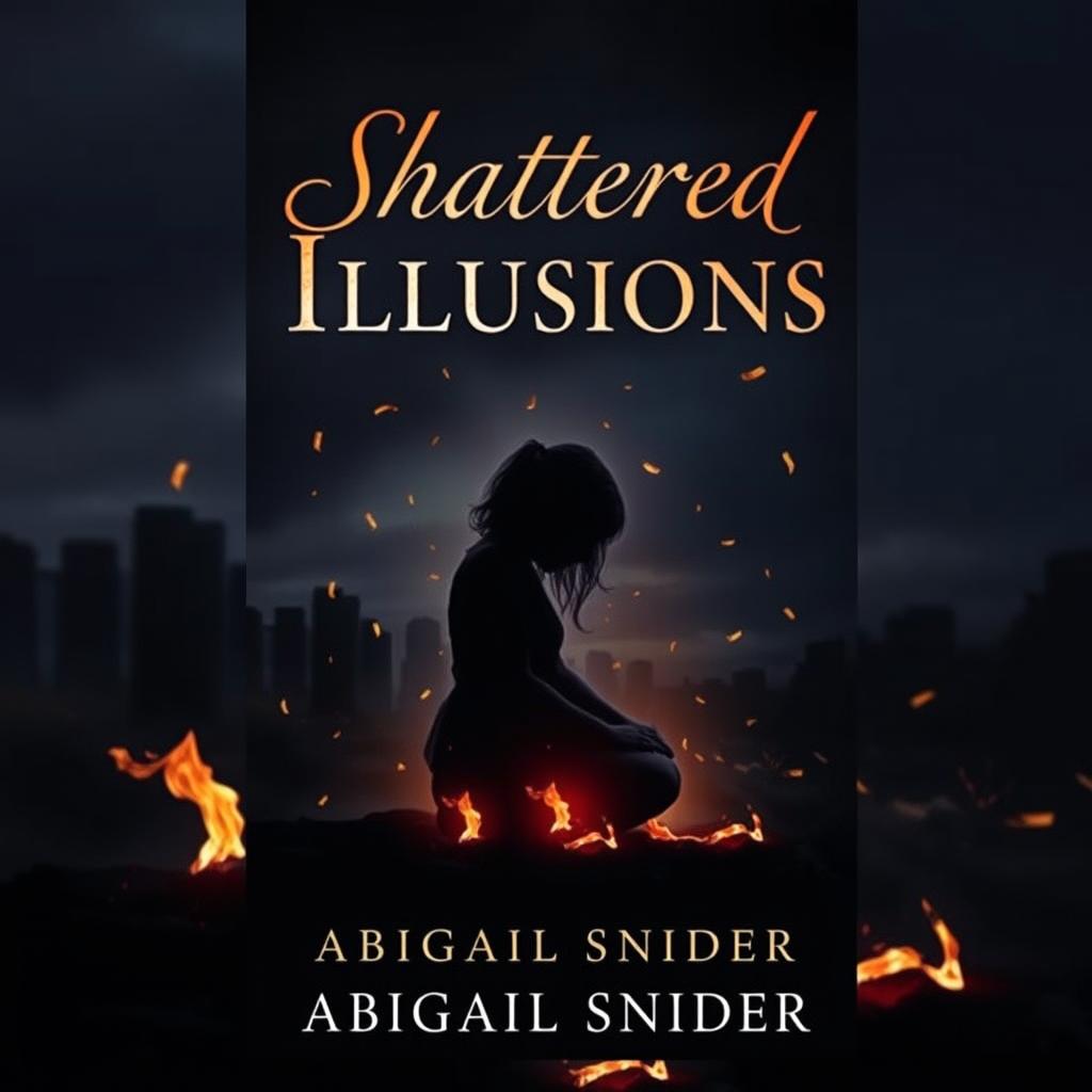 A dark historical fiction book cover titled 'Shattered Illusions' featuring the silhouette of a girl sitting down gracefully, surrounded by a mesmerizing display of glowing embers falling gently around her