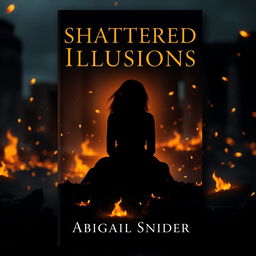 A dark historical fiction book cover titled 'Shattered Illusions' featuring the silhouette of a girl sitting down gracefully, surrounded by a mesmerizing display of glowing embers falling gently around her