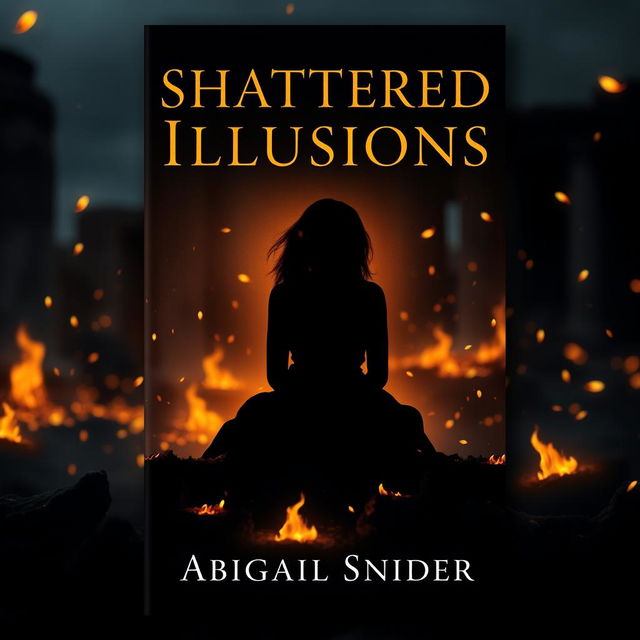 A dark historical fiction book cover titled 'Shattered Illusions' featuring the silhouette of a girl sitting down gracefully, surrounded by a mesmerizing display of glowing embers falling gently around her