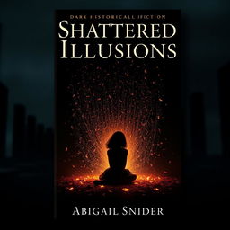 A dark historical fiction book cover titled 'Shattered Illusions' featuring the silhouette of a girl sitting down gracefully, surrounded by a mesmerizing display of glowing embers falling gently around her