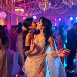 Shraddha Kapoor at a glamorous party, wearing a stunning transparent saree paired with a stylish bikini blouse, showcasing her elegance and grace
