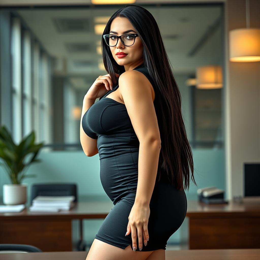 A striking female boss depicted as a curvy and muscular MILF with a flat stomach, small breasts, and a small butt