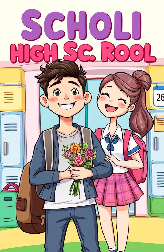 A vibrant and cheerful cartoon cover featuring a young man who is infatuated with a high school girl