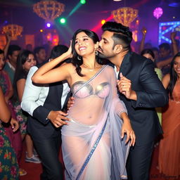 Shraddha Kapoor at a glamorous party, wearing a transparent saree that beautifully drapes over her stylish bikini blouse