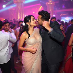 Shraddha Kapoor at a glamorous party, wearing a transparent saree that beautifully drapes over her stylish bikini blouse