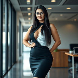 A confident female boss at age 50, characterized as curvy and muscular with a flat stomach, small breasts, and a small butt