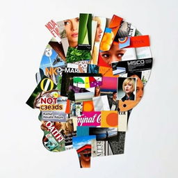 A vibrant and creative collage in the shape of a man's face, made from various colorful magazine cut-outs showcasing an array of textures, patterns, and imagery