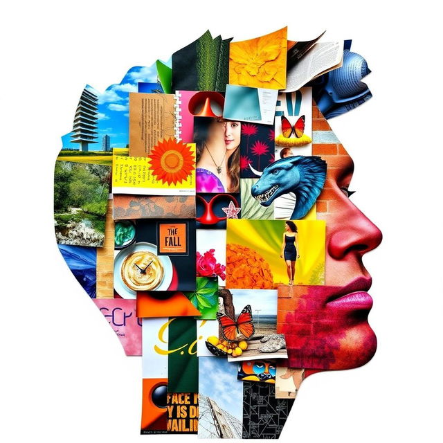 A vibrant and creative collage in the shape of a man's face, made from various colorful magazine cut-outs showcasing an array of textures, patterns, and imagery