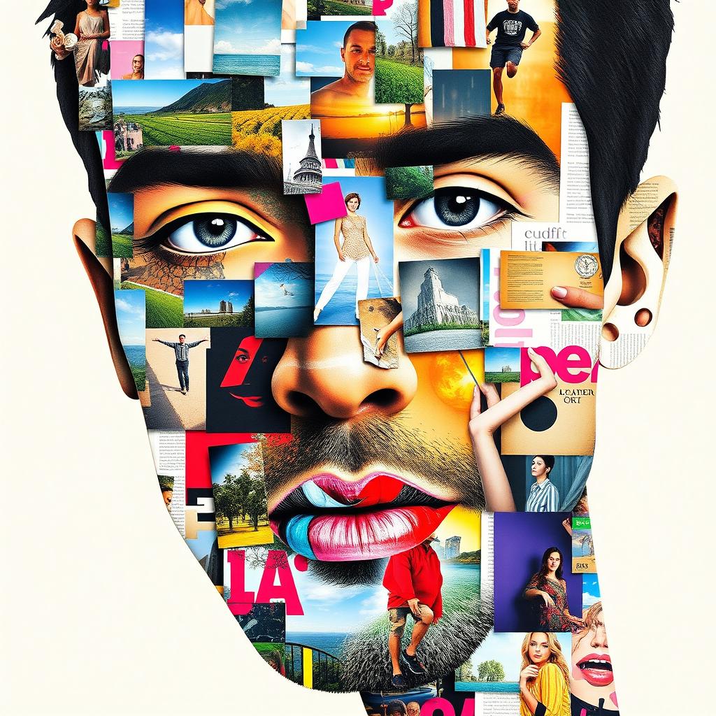 A vibrant and creative collage in the shape of a man's face, made from various colorful magazine cut-outs showcasing an array of textures, patterns, and imagery