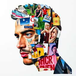 A vibrant and creative collage in the shape of a man's face, made from various colorful magazine cut-outs showcasing an array of textures, patterns, and imagery