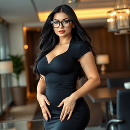 A commanding female boss at age 55, featuring a curvy and muscular physique with a flat stomach, small breasts, and a small butt