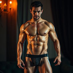 A sensual and visually enticing scene featuring a confident and muscular adult male figure standing tall, showcasing his impressive physique