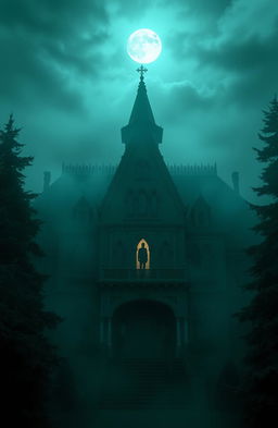 A grand, eerie mansion shrouded in fog, surrounded by towering evergreens, with a dramatic moonlit sky casting shadows