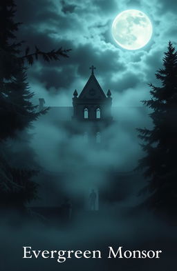 A grand, eerie mansion shrouded in fog, surrounded by towering evergreens, with a dramatic moonlit sky casting shadows