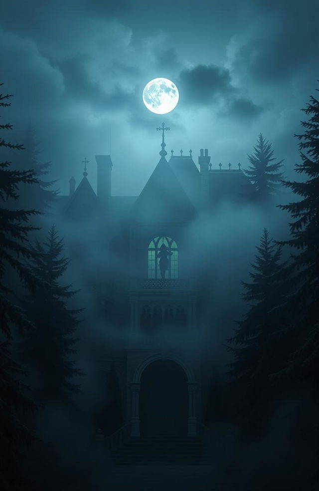 A grand, eerie mansion shrouded in fog, surrounded by towering evergreens, with a dramatic moonlit sky casting shadows