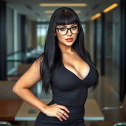 A confident MILF female boss of Russian ethnicity, featuring a curvy and muscular body type with a flat stomach, small breasts, and a small butt