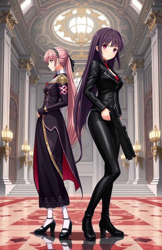 Two beautiful twin girls facing opposite directions in a massive, elegant, royalty-like academy