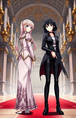Two beautiful twin girls facing opposite directions in a massive, elegant, royalty-like academy