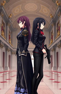 Two beautiful twin girls facing opposite directions in a massive, elegant, royalty-like academy
