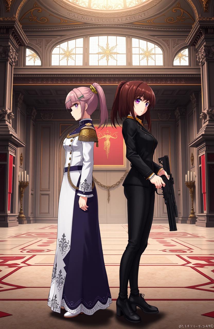 Two beautiful twin girls facing opposite directions in a massive, elegant, royalty-like academy