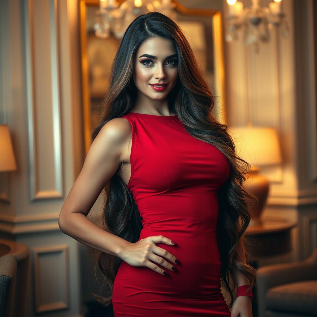 A beautiful woman with long flowing hair, wearing a form-fitting red dress that accentuates her curves, standing confidently in a luxurious setting with elegant decor in the background