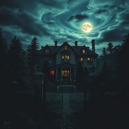 A captivating and eerie scene of Evergreen Manor, an old mansion with an imposing facade surrounded by thick, dark evergreens