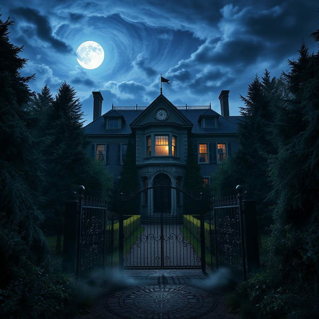 A captivating and eerie scene of Evergreen Manor, an old mansion with an imposing facade surrounded by thick, dark evergreens