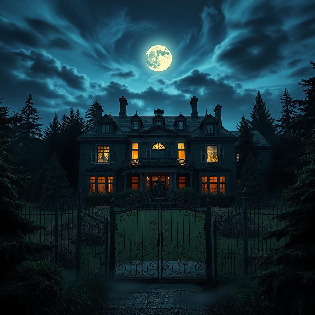 A captivating and eerie scene of Evergreen Manor, an old mansion with an imposing facade surrounded by thick, dark evergreens