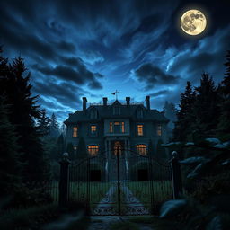 A captivating and eerie scene of Evergreen Manor, an old mansion with an imposing facade surrounded by thick, dark evergreens