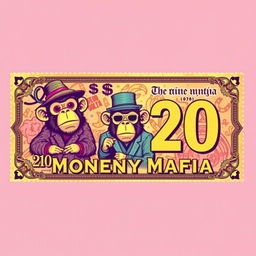 A whimsical banknote featuring a design for '20 Monkey Mafia Stamps', illustrated in vibrant chromatic colors